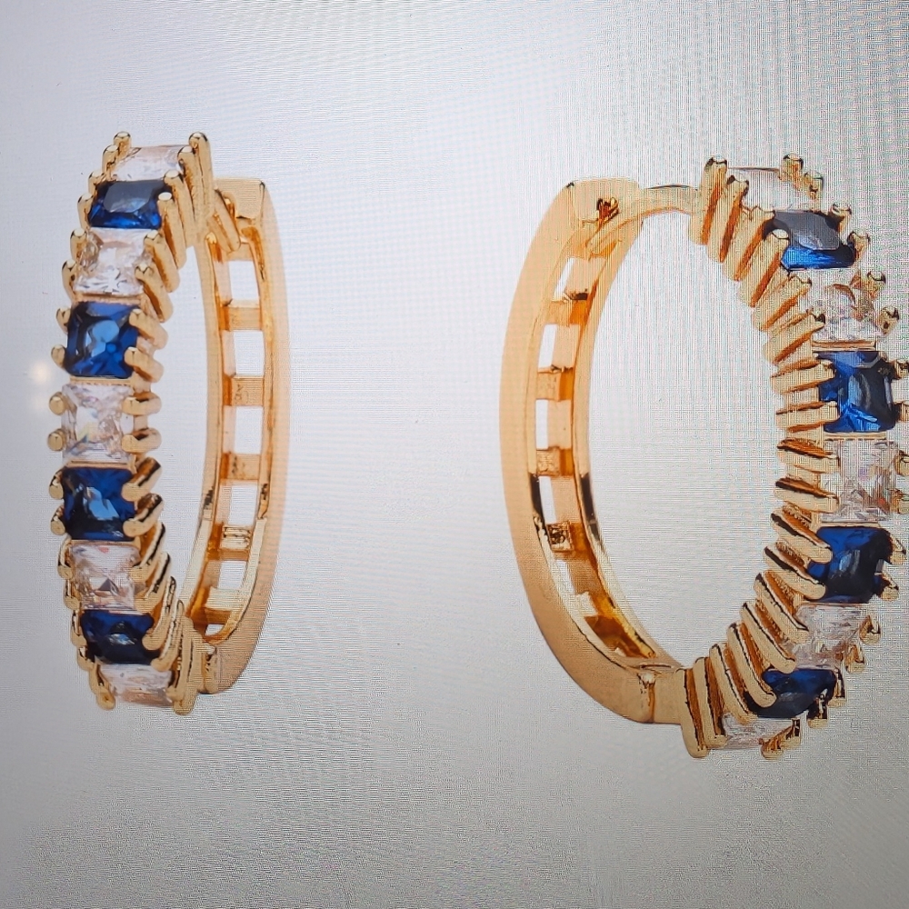 #132. NWOT Faux Blue Sapphire & Cubic Zirconia Hoop Earrings